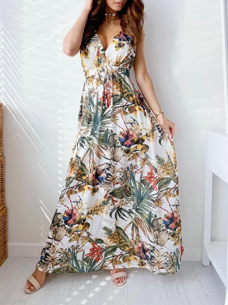 

Sexy Women Dress Green V-neck Print Spaghetti Strap Beach Summer Sundress Backless Bandage High Waist Bodycon Femme Vestidos