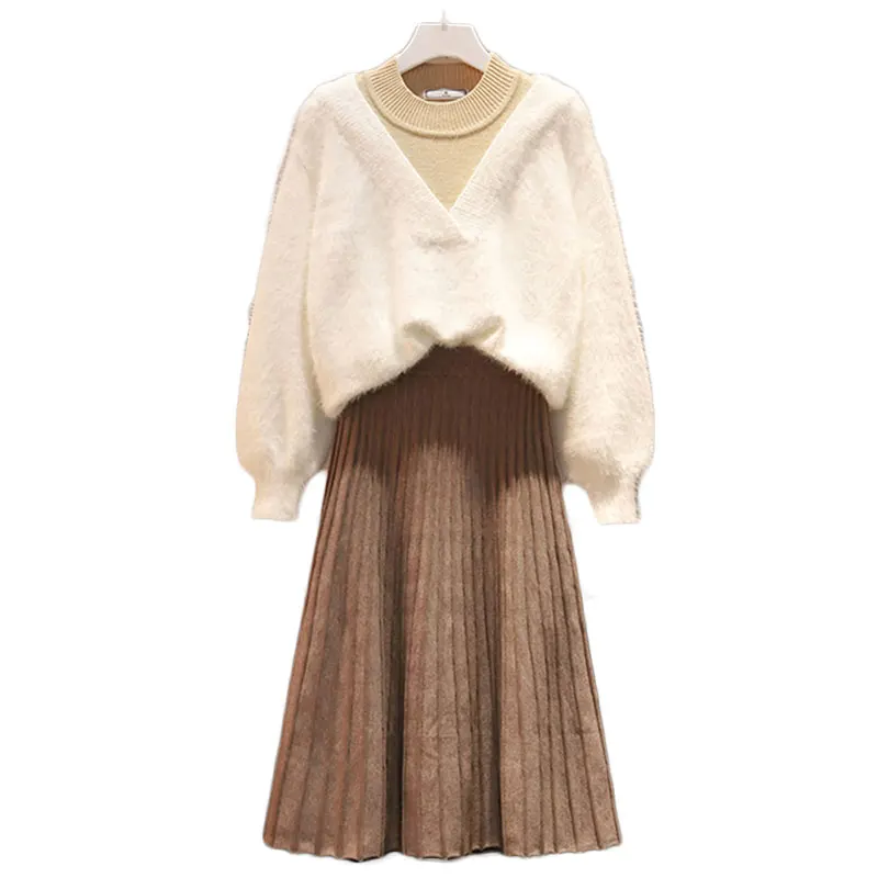 Женский вязаный пуловер большого размера свитер и юбка с поясом в клетку