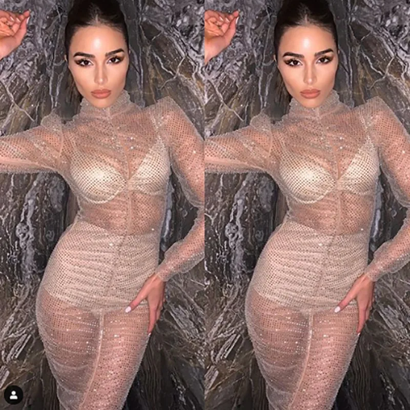 2020 Newest Hot Elegant Women Turtleneck Mesh Long Sleeve Glitter Dress Party Clubwear Laides Summer Beach Bikini Cover Up | Женская