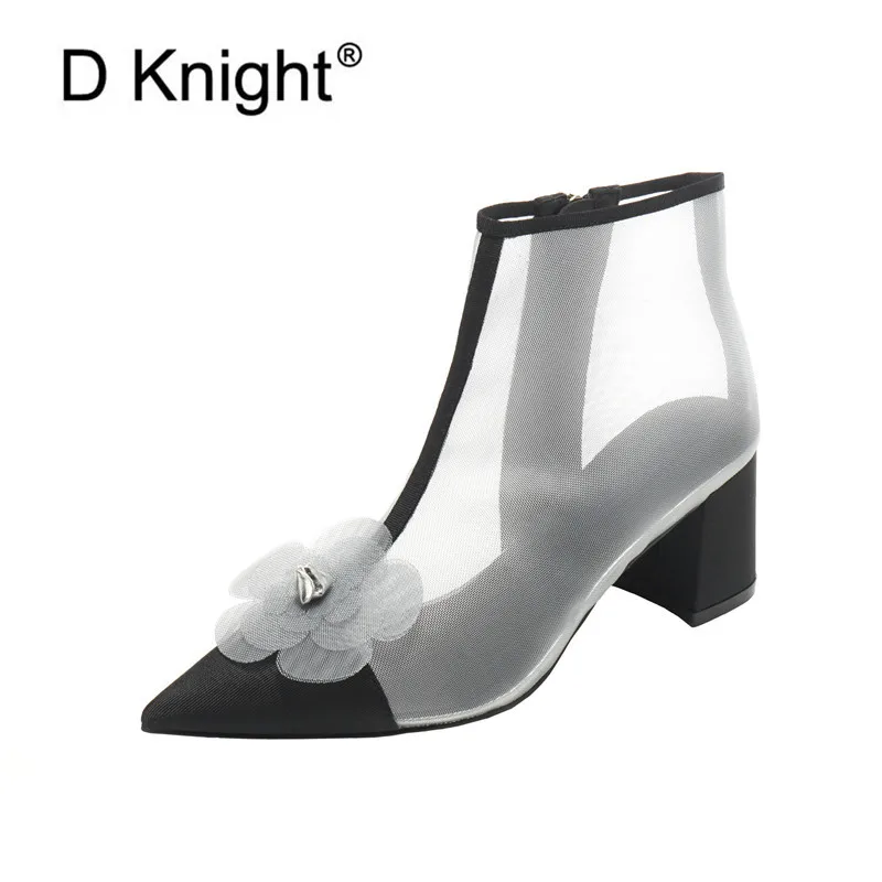 

Summer 2021 New Pointed Toe Ladies Ankle Boots Breathable Mesh Women's Shoes Camellia Hollow High Heel Black Short Sandals Boots