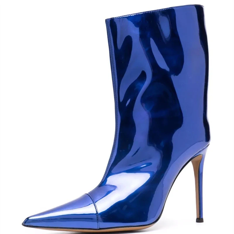Custom Color Mirror Leather High Heels Women Ankle Boots Pointed Toe Sexy Booty for Ladies Slip-on Big Size 43