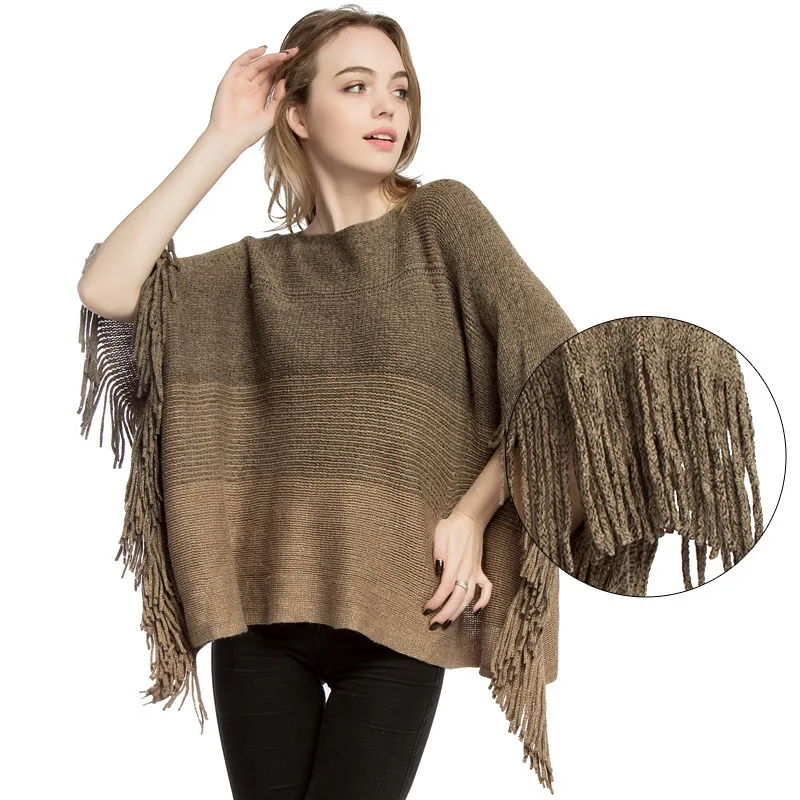 

England Style Women Autumn Winter Pashmina Tassel Soft Shawl Striped Knitting Ladies Daily Casual Pullover Poncho