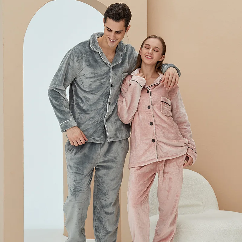 Flannel Fall/Winter Coral Fleece Thicken Home Furnishing Warm Suit Embroidered Men Pijamas Women Sexy 2 Piece Set
