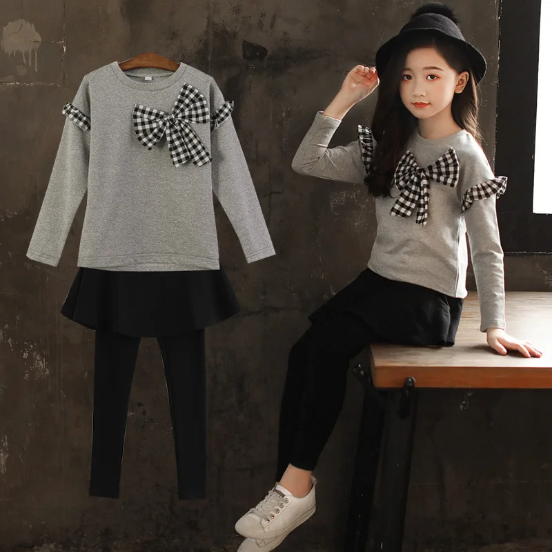 2022 spring Girls Clothes Bow long sleeve t Shirt + Legging skirt 2 Pcs Suit Winter Kids Teenager 4 5 6 7 8 9 10 11 12 Years