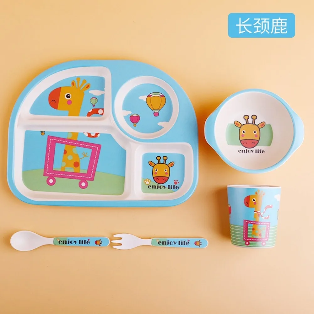 5 Pcs Cartoon Bamboo Fiber Children's Baby Kids Dinner Plate Bowl Cup Spoon Fork Set Solid Food Feeding Tableware Dinnerware enlarge