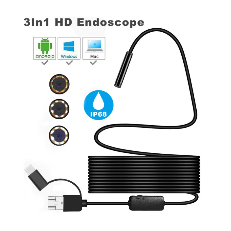 

8mm 3 In 1 Endoscope Camera 1200P HD USB Endoscope with 8 LED 2/3.5/5/10M Cable Waterproof Inspection Borescope for Android PC