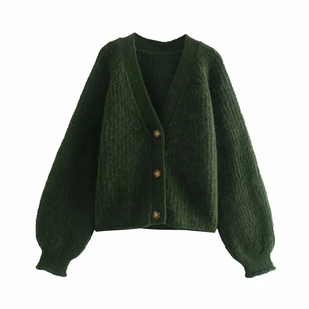 

Женский винтажный кардиган на пуговицах, темно-зеленый однобортный Повседневный вязаный свитер свободного покроя с V-образным вырезом, осе...
