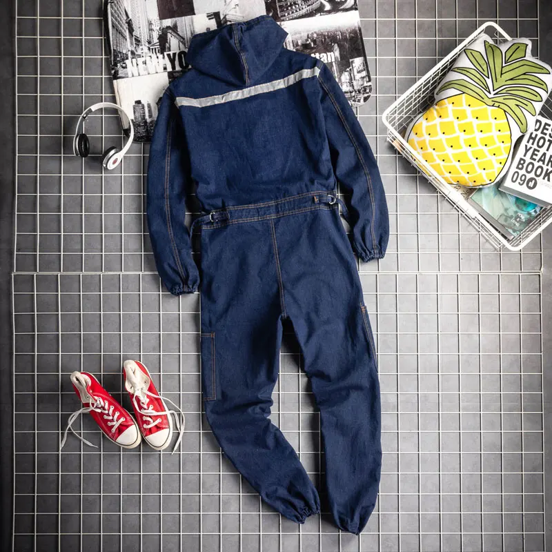Man Jeans Jumpsuits Bib Overalls Cotton Reflective Strip Hooded Denim Cargo Pants Fashion Leisure Hip Hop Freight Trousers