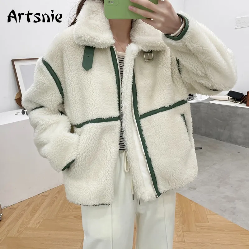 

Artsnie Winter Fleece Coats Women Turn Down Collar Long Sleeve Zipper Jackets Female White Thick Warm Ladies Oversized Coats