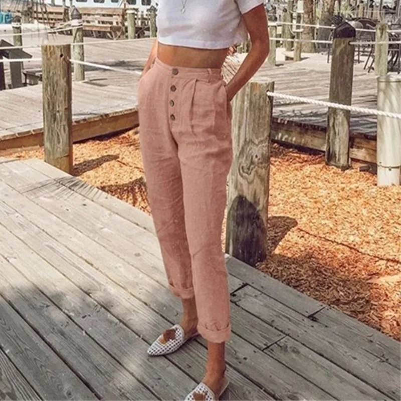 

2020 Hot Sale Women Harem Pants Casual High Waist Elastic Pants Button Pocket OL Work Trousers Ankle-length Long Pants