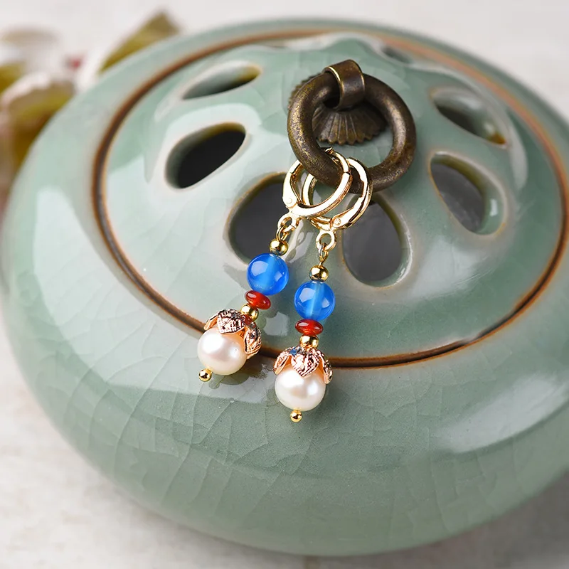 

nature pearls ear earrings, New Original nonporous earrings ,New Ethnic jewelry copper flowers earrings
