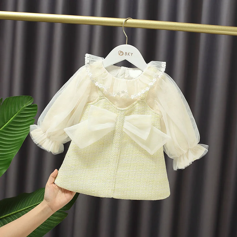 Autumn Baby Girl's Sweet Mesh Long Sleeve Dress Ruffled Collar Bow Immortal A-line Princess Dress Kids