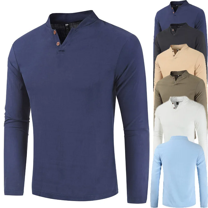 

Летняя новая однотонная льняная футболка на две пуговицы с длинным рукавом и V-образным вырезом