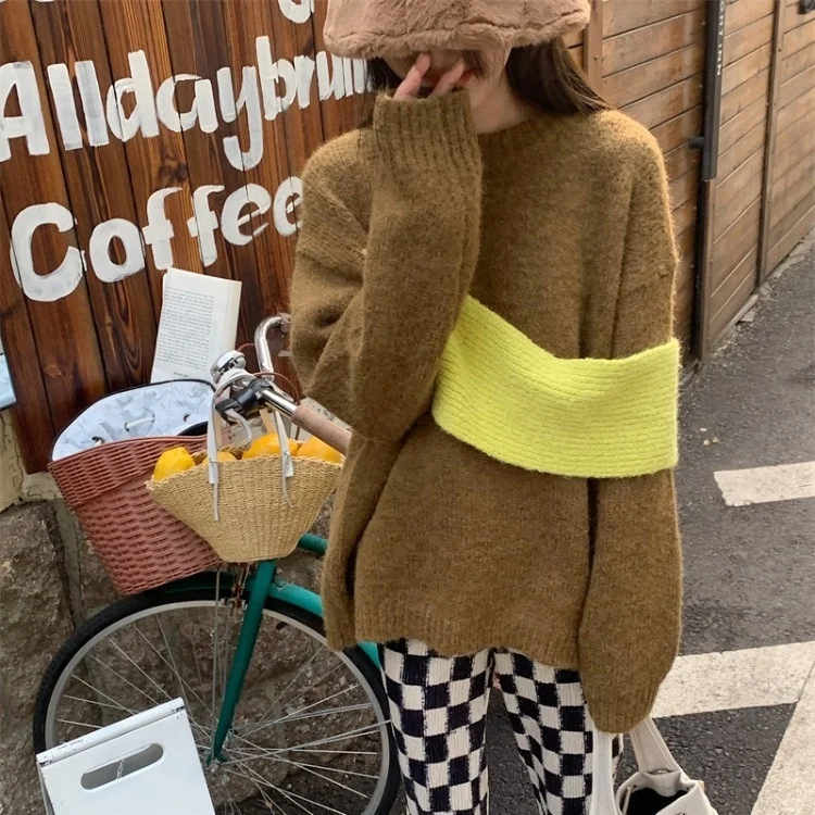 

Мягкий восковой контрастный свитер, женский зимний Свободный пуловер с круглым вырезом, верхняя одежда C117a