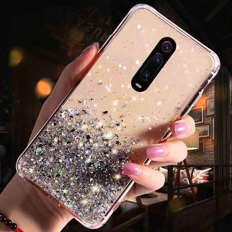 Прозрачный блестящий чехол для Xiaomi Redmi 7A 9A 9C 8A Note 7 8 Pro 8T 9 S Mi Lite SE A3 ТПУ + Блестящий