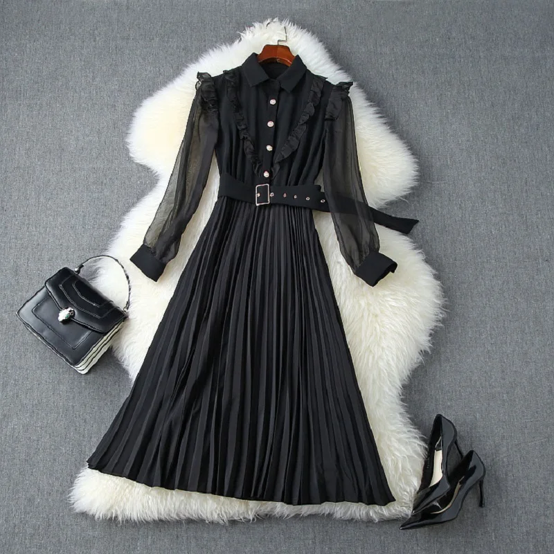 

sexy 2021 new summer Chiffon Casual Dress office work Women Ruffled shirt dress womanliness Retro Holiday Pleats party dresses
