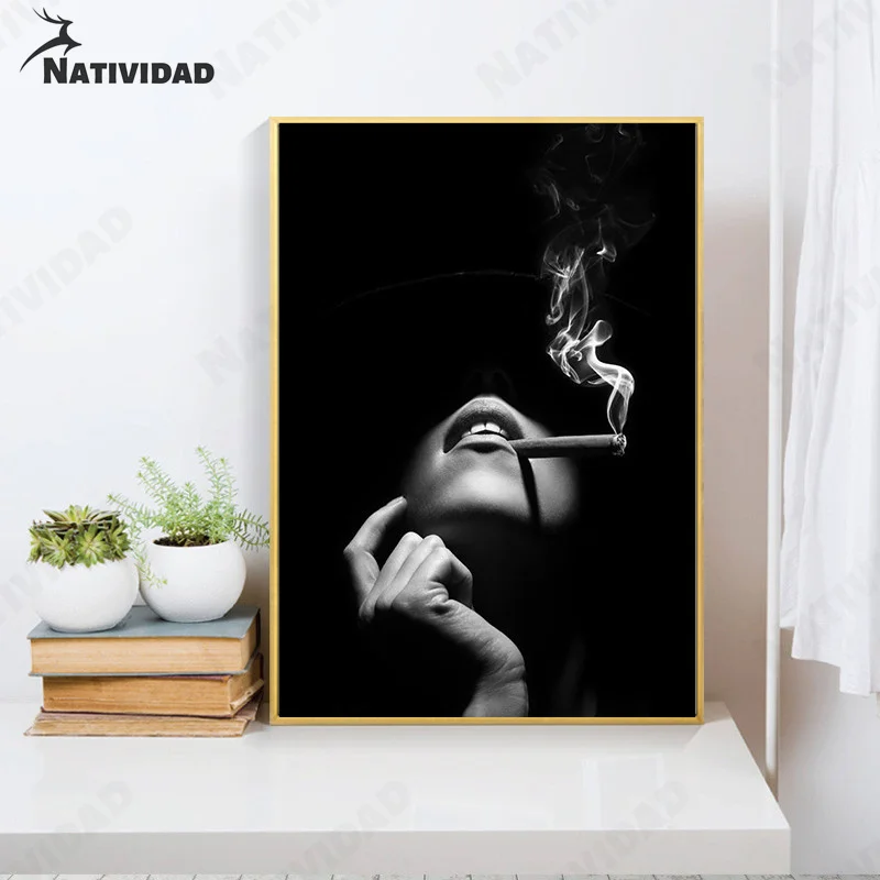 

Black and White Print Poster Art Smoking Girl Canvas Painting Fashion Wall Art Posters and Prints Modern Wall Pictures for Room