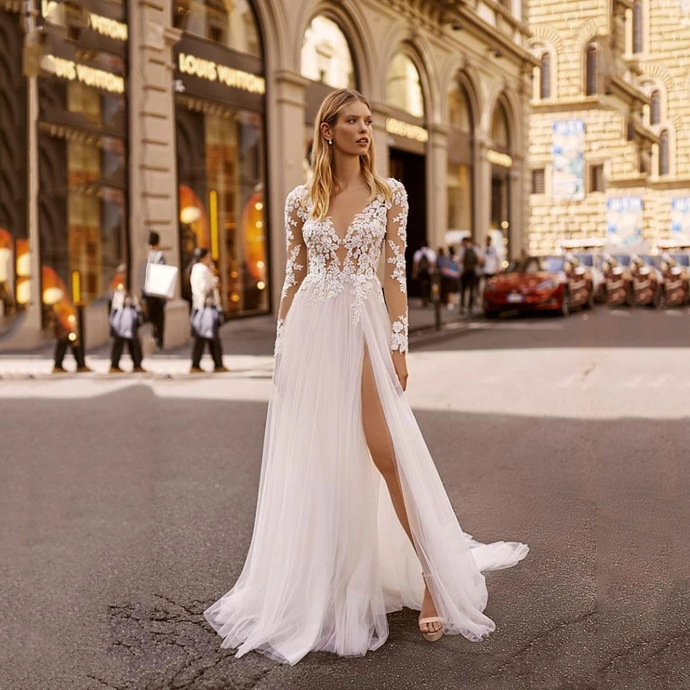

Женское свадебное платье YIWUMENSA, с длинными рукавами и круглым вырезом, ТРАПЕЦИЕВИДНОЕ, с разрезом, свадебные платья Boho
