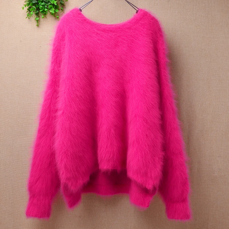 

heavy thick female women hairy fluffy mink cashmere knitted long sleeves loose pullover angora rabbit fur knitted jumper sweater