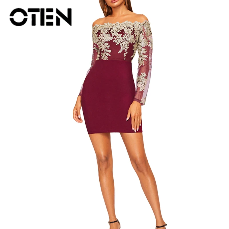 OTEN осень 2019 Новое поступление вечерние мини платья для женщин Элегантная Вышивка