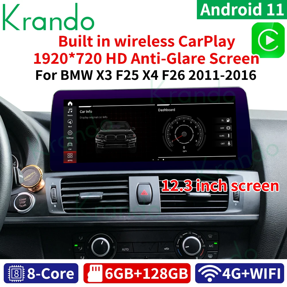 

krando 12.3''Android 11.0 Car Multimedia System For BMW X3 F25 X4 F26 2011-2016 DVD player Auto GPS Navigation Carplay 6+128GB