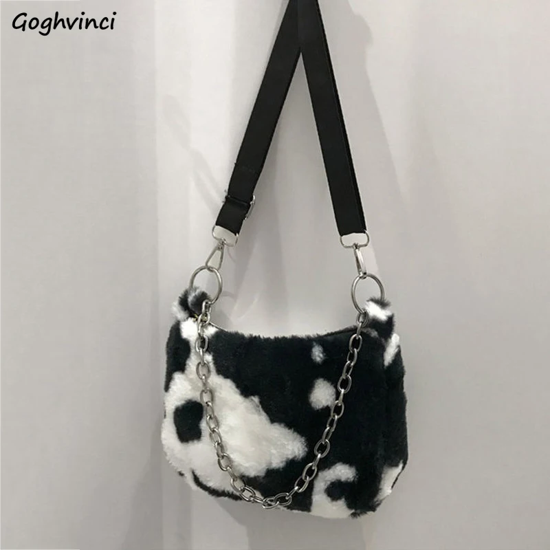 

Сумка на плечо женская из искусственного меха, мягкая плюшевая сумочка на цепочке из воловьей кожи, студенческий чемоданчик через плечо в К...