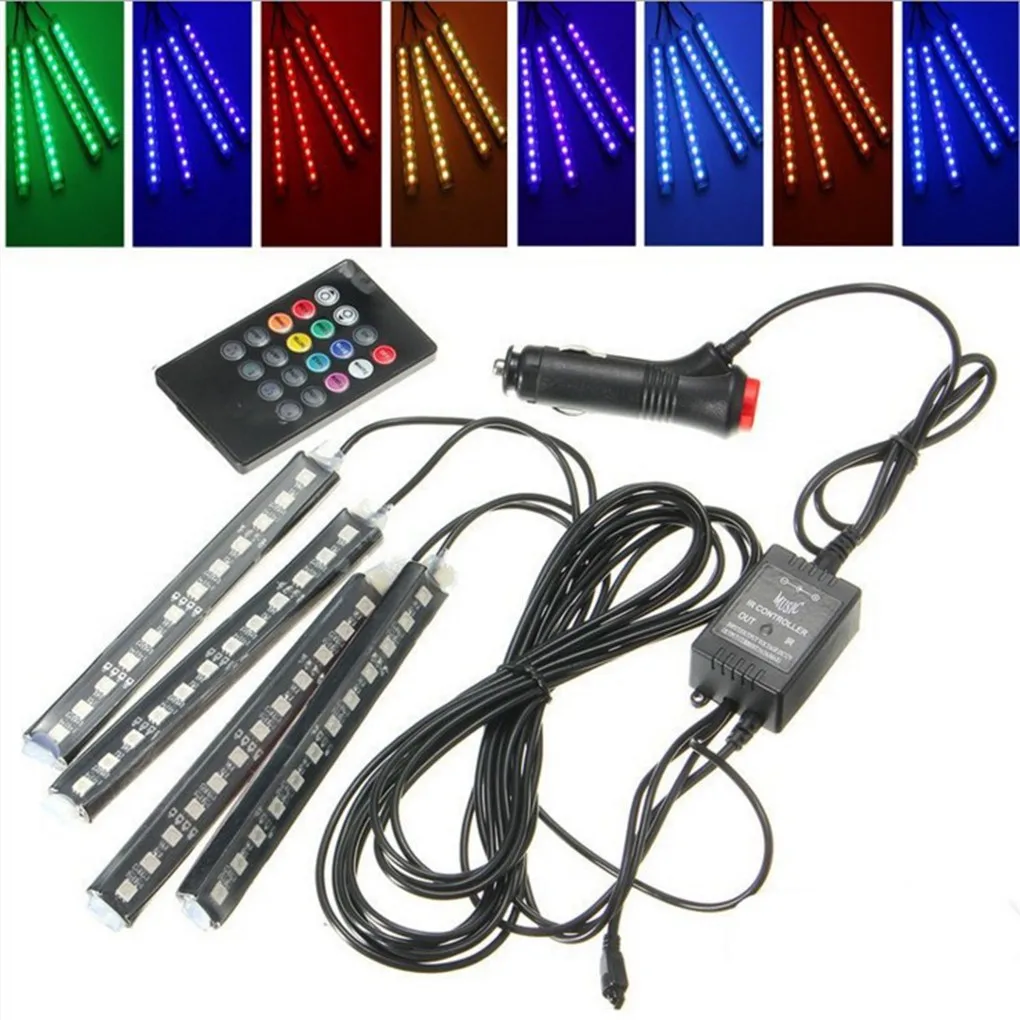 Auto Interni 4pcs LED Remote Control Cigarette Lighter Colorful RGB Car Interior Floor Light Strip For Atmosphere Lights | Автомобили и