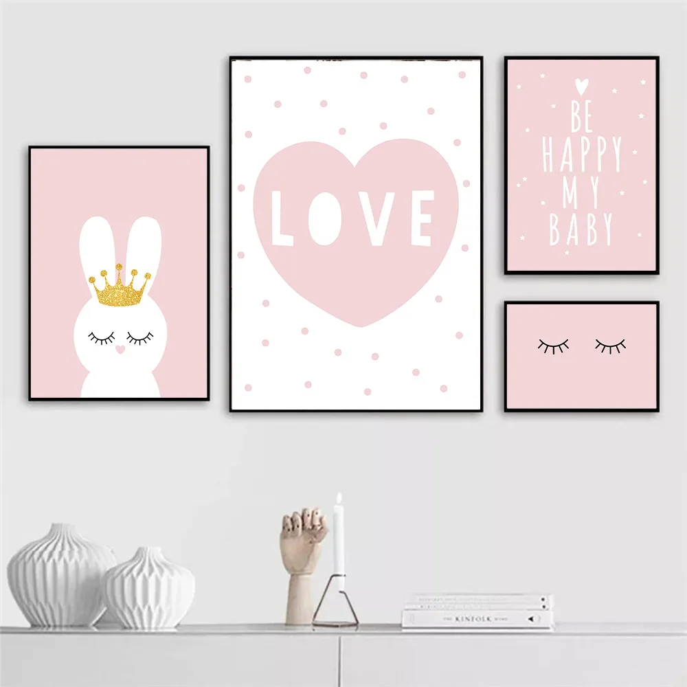 

Pink Cartoon Rabbit Wall Art Poster Glitter Crown Bunny Art Print Love Heart Quotes Canvas Painting Nordic Baby Kids Room Decor