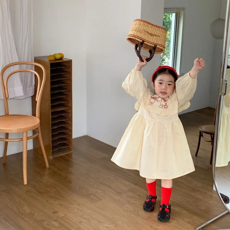 

Korean Navy collar embroidered girls dress 2022 spring children's dress children's Princess Dress solid color baby girl dress