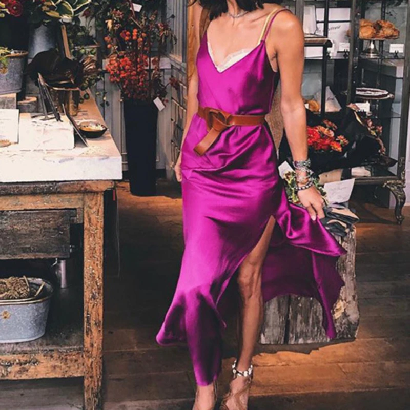 

Sexy Maxi Satin Dress Summer Women Slit V Neck High Waist Off Shoulder Black Red Silk Slip Dress Party Club