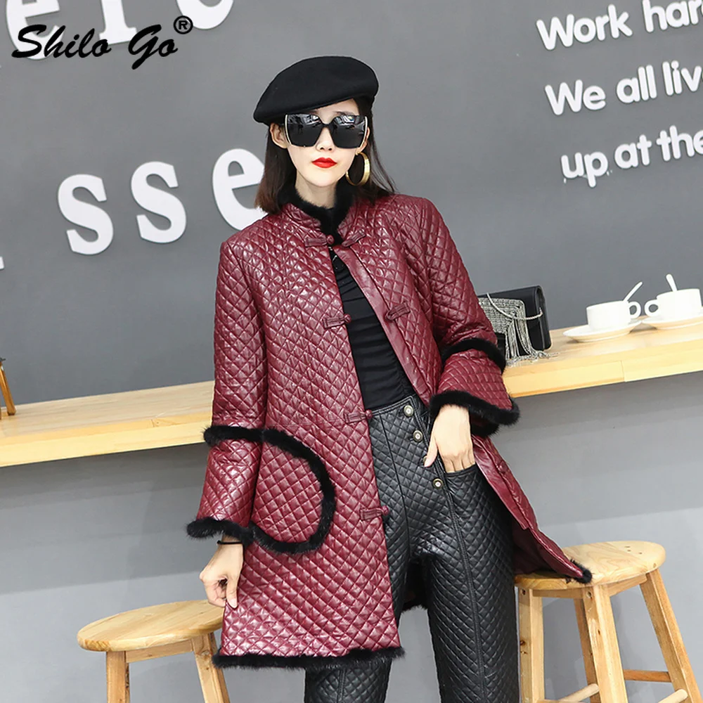 

Elegant Real Mink Fur Detail China Style Buttons Front A Line Thermal Padded Coat Women Winter Sheepskin Genuine Leather Outwear