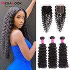 Глубокая волна волосы пряди с Закрытие 4x4 застежка с пряди Megalook бразильский 26 дюймов человеческие волосы пряди с Кружева Закрытие
