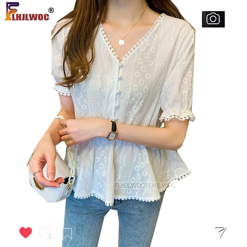 

Summer Peplum Top Blouses Women Flare Sleeve Casual Slim Waist Lace White Button Shirt Flhjlwoc Vestido 5331