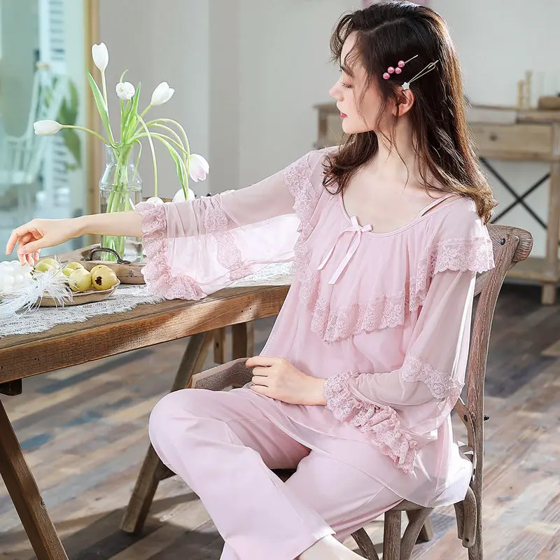 

Plus Size Pajamas Women Modal Cotton Long-Sleeved Sexy Mesh Nightwear Lace Princess Style Homewear 2-Piece Set Spring/Summer