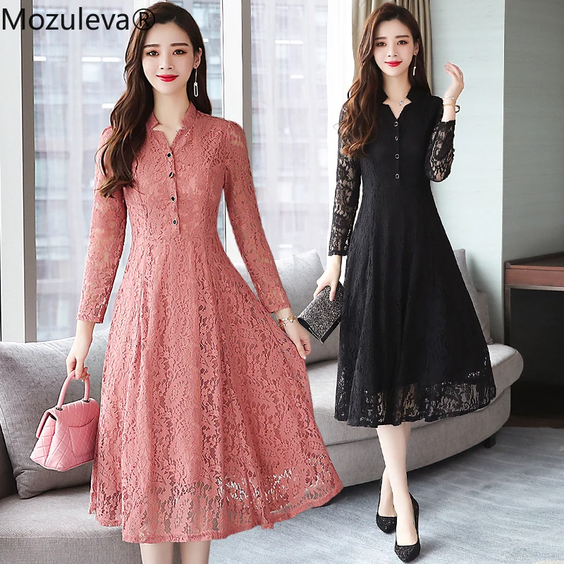 Mozuelva 2019 винтажное Кружевное платье миди женское облегающее корейское черное