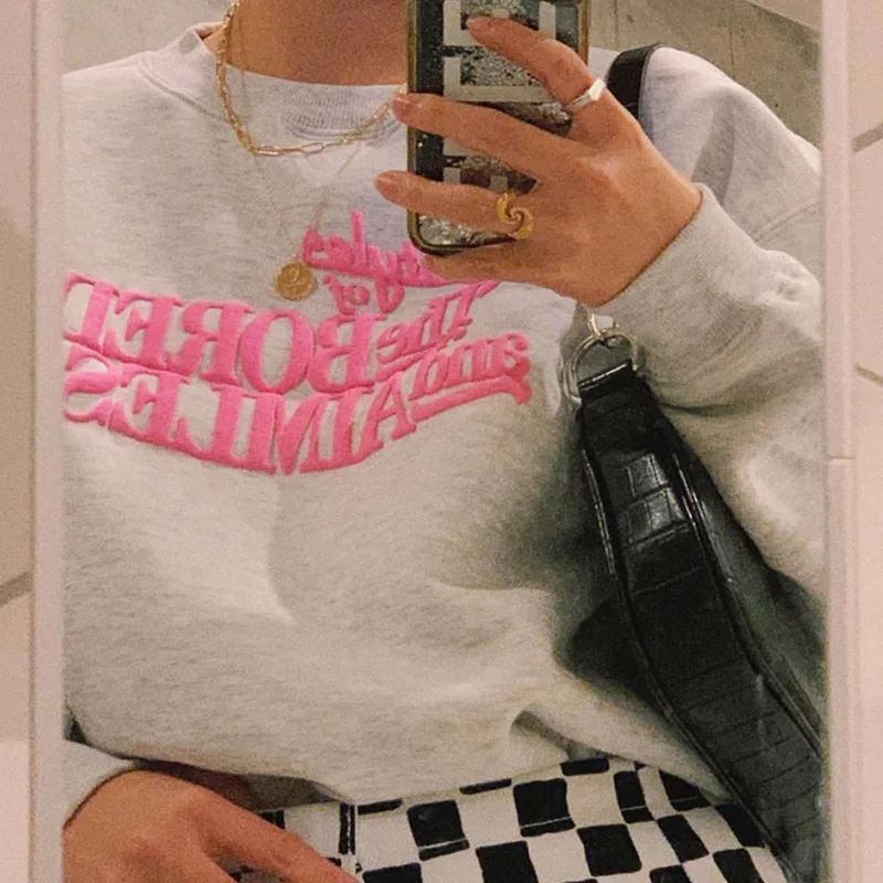 

New Brand Designer Girls Casual Streetwear Light Gray Pink Letters Printing Oversized Sweatshirt Women O-neck Warm Winter Tops