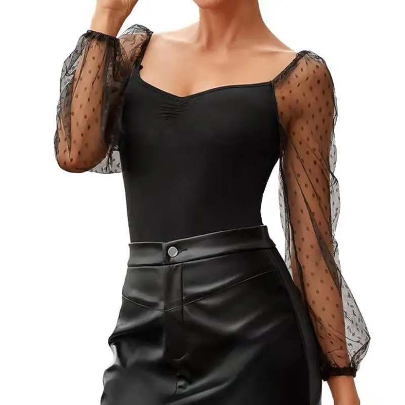 

2021 New Fashion Women Tops Spring Summer Long Sleeve Lace Square Collar Women Blouses Black Casual Women Tops Streetwear