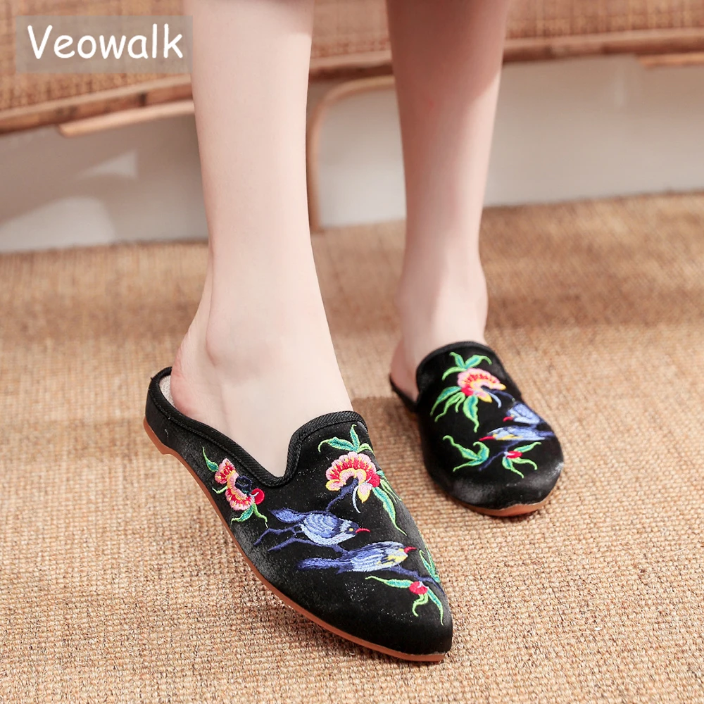 Veowalk/брендовые мягкие хлопковые тканевые женские мюли с вышивкой и острым носком