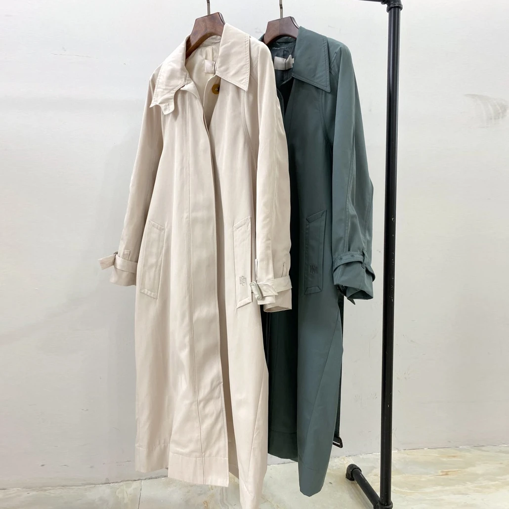 

Classic women trench coat turn-down collar long sleeve loose sashes lady cotton long coat