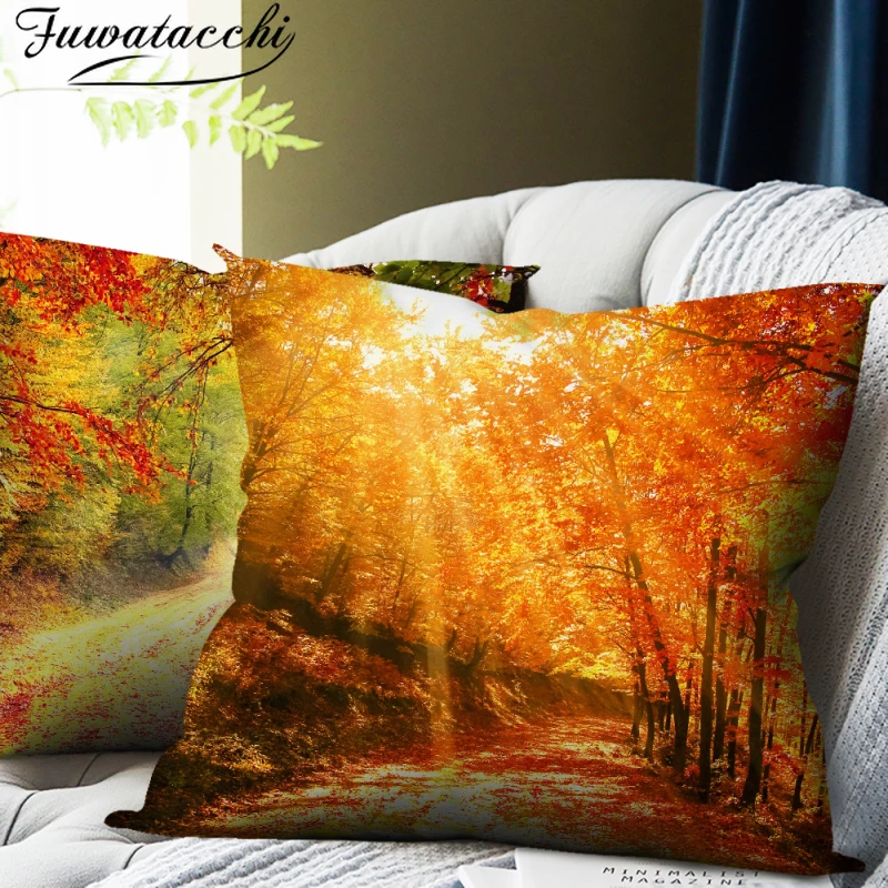 

Fuwatacchi Red Maple' Forest Print Pillows Case Autumn Trees Photo Cushion Cover for Home Sofa Decor Pillowcases Christmas Gifts