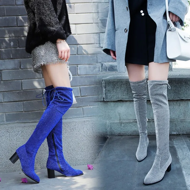 US4-11 женские сапоги выше колена с острым носком украшенные блестками на массивном