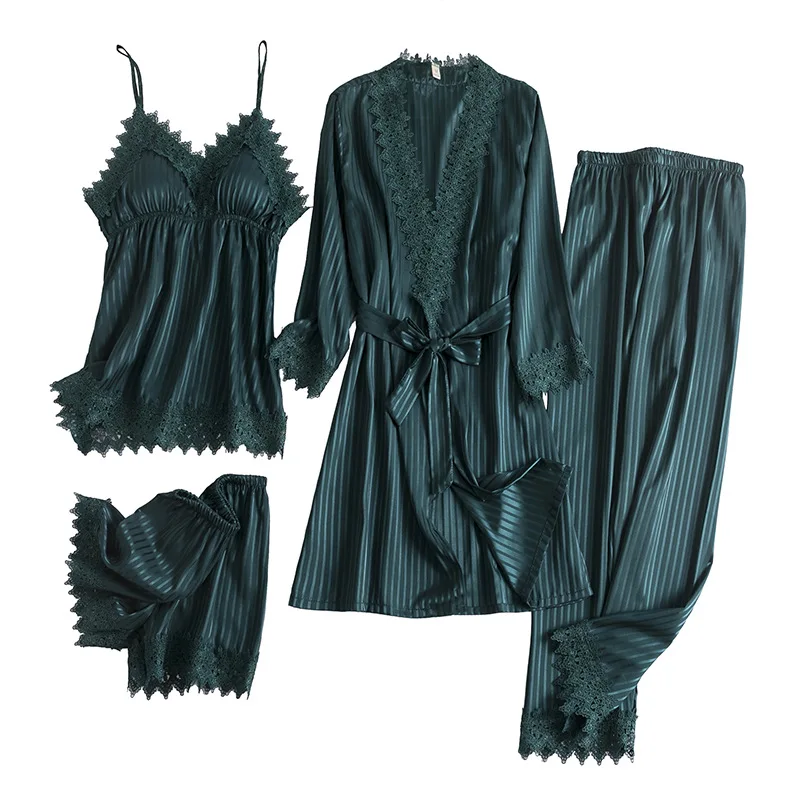 

4PCS Womens Sleep Suit Sexy Satin Lace Pajamas Sets Spring Nighty Sleepwear Home Wear Pyjamas Casual With Chest Pads Nightgown
