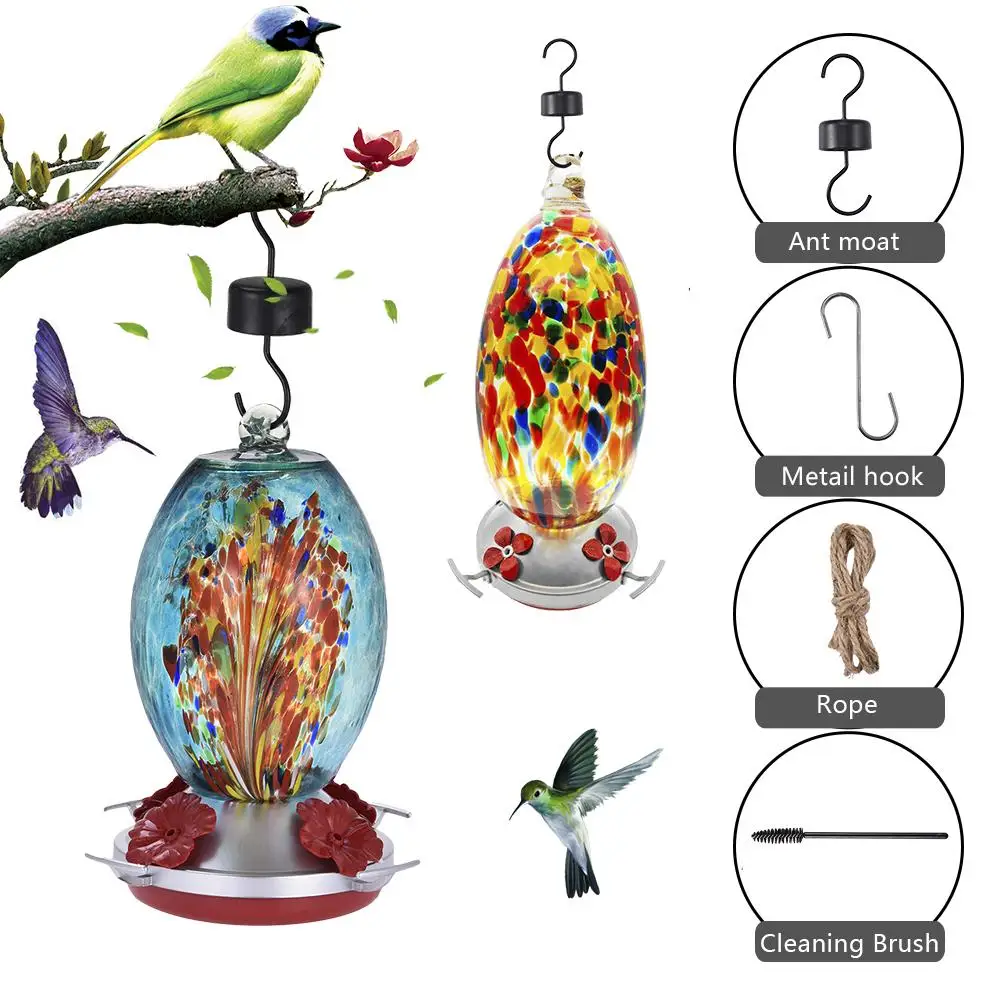 

Bird Water Feeder Bottle Hanging Glass Hummingbird Feeder Garden Outdoor Painted Flower Iron Hook Bird Automatic Feeder