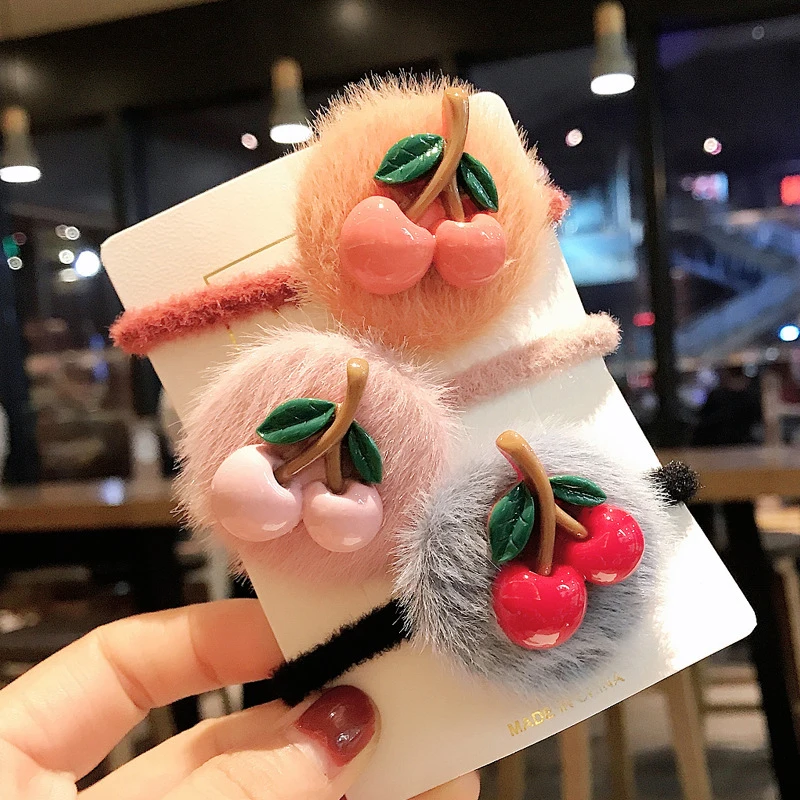 Sweet Cherry Hair Rope Ties For Girls Candy Color Faux Fur Elastic Bands Accessories 1PC Women Korean Plush Scrunchies |