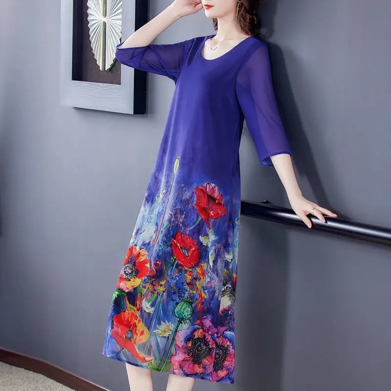 

Mrs. Kuo Imitation Ice Silk Printed Dress 2021 Spring/Summer New Imitation Ice Silk Positioning Flower Size Women's Dress