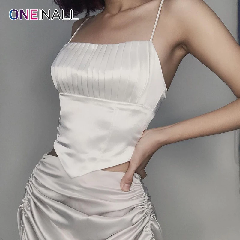 

ONEINALL Yellow Sexy Vest For Women Square Collar Sleeveless Solid Pleated Minimalist Vests Females Fashion Summer Clothing 2021