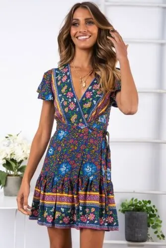 Летняя женская футболка с коротким рукавом цветочным принтом в богемном стиле