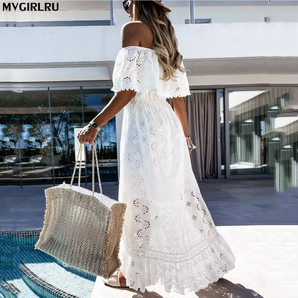 

MVGIRLRU Women's Dress Summer Cotton Hollow Out Holiday Party Dresses Bohemian Party Slash neck Strapless Dress