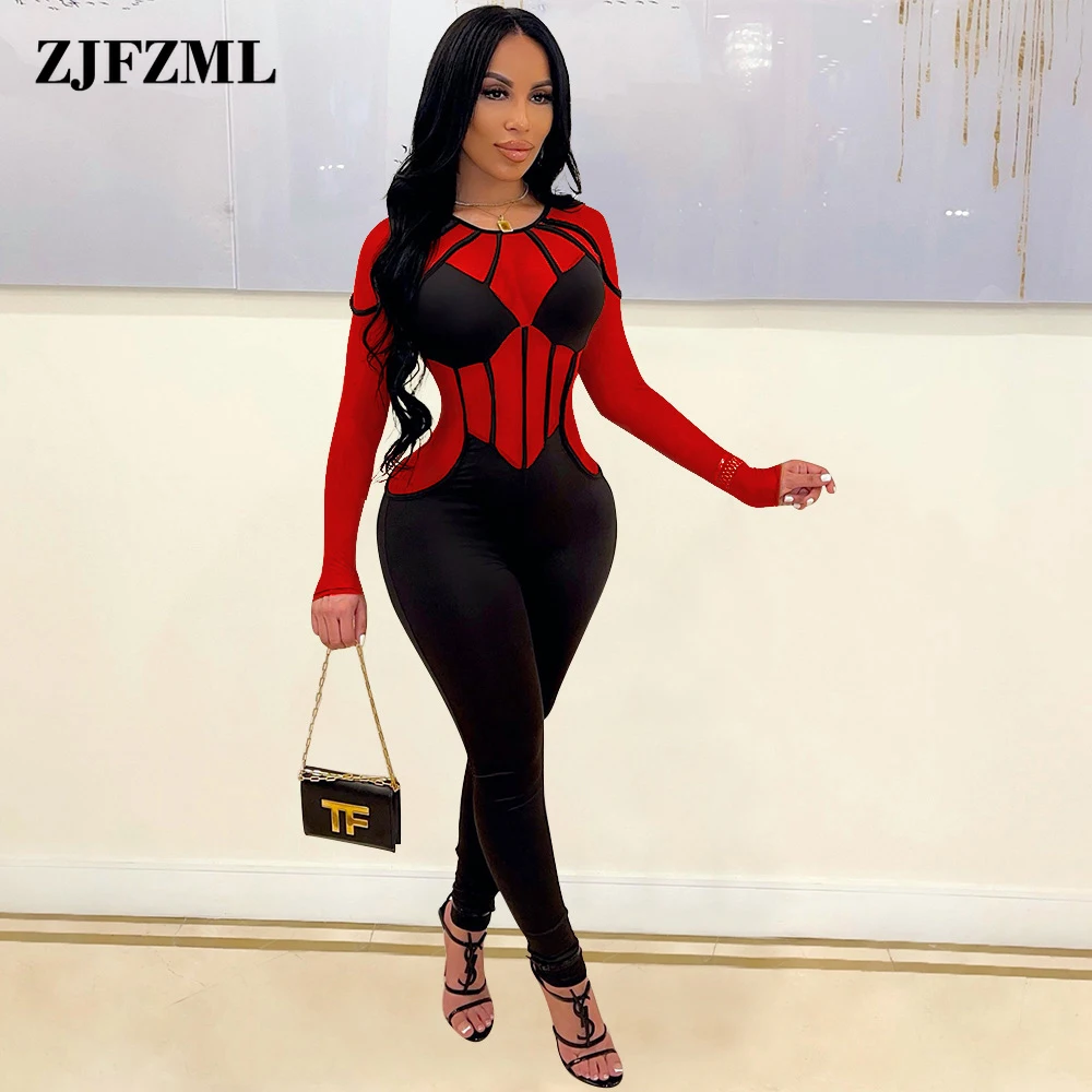 

Color Block Striped Rompers Womens Jumpsuit Hipster Long Sleeve See Through Skinny Overall Midnight Body-shaping Party Catsuits