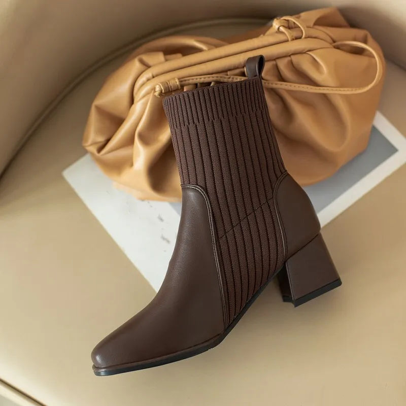 

Женские ботильоны с квадратным носком, эластичные облегающие ботинки на массивном каблуке, новинка осенне-зимнего сезона 2021
